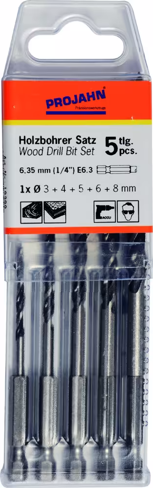 Houtspiraalborenset, zeskantschacht E6,3, 5-delig. (3, 4, 5, 6, 8 mm) met artikelnr. 19399 Houtspiraalborenset, zeskantschacht E6,3, 5-delig. (3, 4, 5, 6, 8 mm) van PROJAHN uit de categorie machineaccessoires