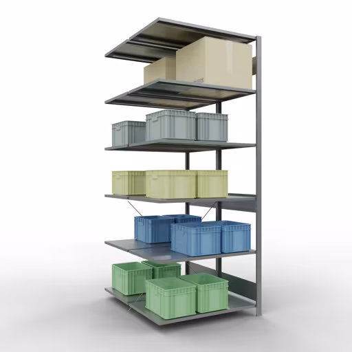 Figuur nr. 9 van het artikel aanbouwstelling, dubbele stelling, stellingstelling insteeksysteem MULTIplus150, 2500 x 1000 x (2x600) mm, 2x6 planken, verzinkt uit de stellingstelling productgroep van Schulte Lagertechnik.