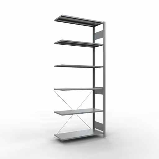 Aanbouwrekken, legbordstellingen, insteeksysteem MULTIplus150, 2500 x 1000 x 400 mm (HxBxD), 6 legborden, kruisschoor, verzinkt, opzetplank, art.nr. 12746