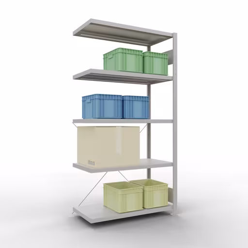 Aanbouwrekken, rekken, insteeksysteem MULTIplus330, 2000 x 1000 x 500 mm (HxBxD), 5 planken, kruisschoor, RAL 7035 lichtgrijs van Schulte Lagertechnik met het artikelnr. 33855