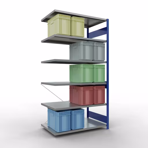 Aanbouwrekken, legbordstellingen, insteeksysteem MULTIplus250, 2500 x 1300 x 800 mm, 6 legborden, kruisschoor, RAL 5010 gentiaanblauw/verzinkt uit de categorie aanbouwrekken met GTIN 4004514284334 Aanbouwrekken, rekken, insteeksysteem MULTIplus250, 2500 x 1300 x 800 mm, 6 legborden, kruisschoor, RAL 5010 gentiaanblauw/verzinkt van Schulte Lagertechnik uit het assortiment insteeksysteem