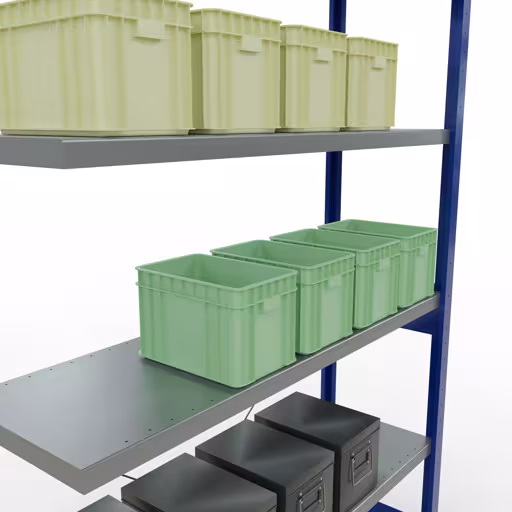 Productafbeelding nr. 12 van het artikel Aanbouwrekken, legbordstellingen, insteeksysteem MULTIplus250, 2500 x 1300 x 400 mm (HxBxD), 6 legborden, kruisschoor, RAL 5010 gentiaanblauw/verzinkt Afbeelding nr. 12 van het artikel aanbouwrekken, legbordstellingen, insteeksysteem MULTIplus250, 2500 x 1300 x 400 mm, 6 legborden, kruisschoor, RAL 5010 gentiaanblauw/verzinkt uit de productgroep insteeksysteem van Schulte Lagertechnik.