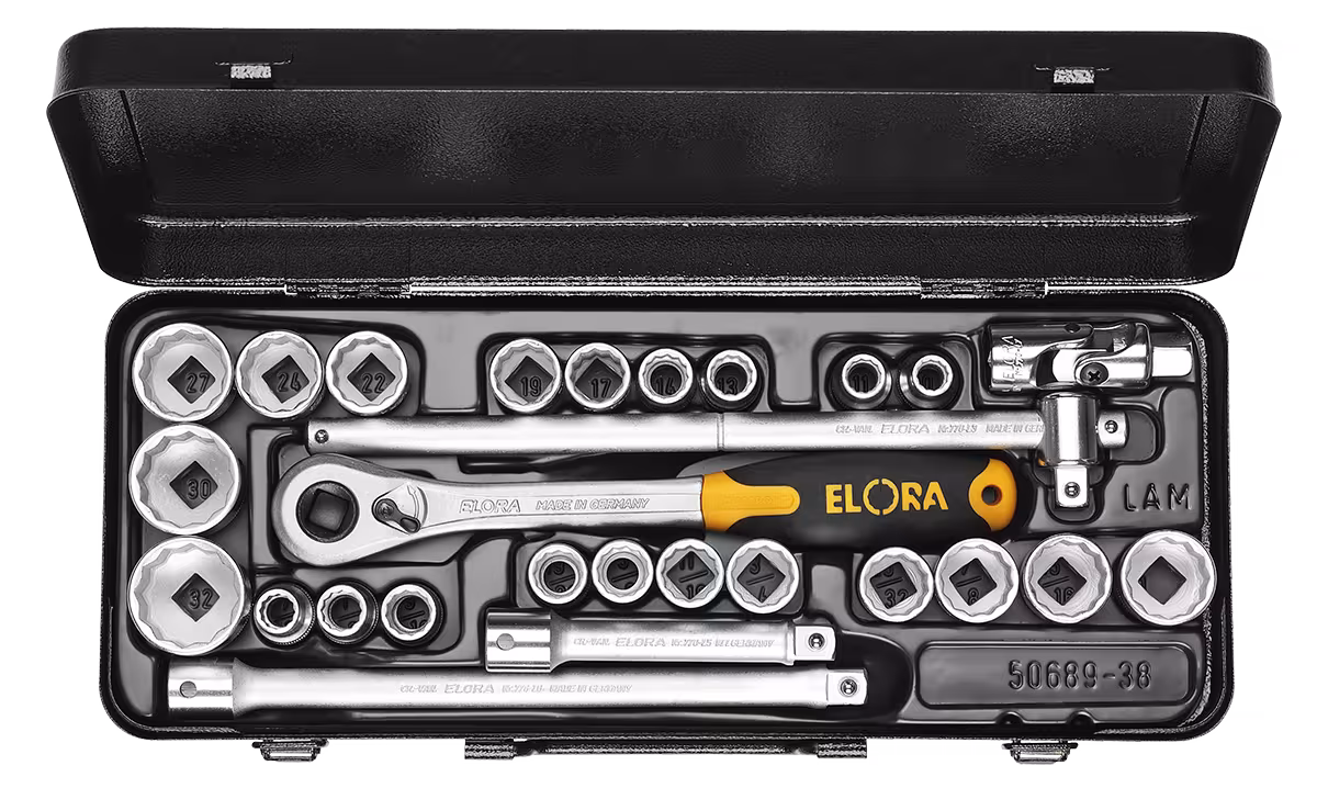 Dopsleutelset 1/2", zeskant, 27-delig mm+AF 771-OKLAMU van ELORA Dopsleutelset 1/2", 27-delig mm+AF, ELORA-770/771-OKLAMU uit de categorie dopsleutels 1/2" met artikelnr. 0771520422000