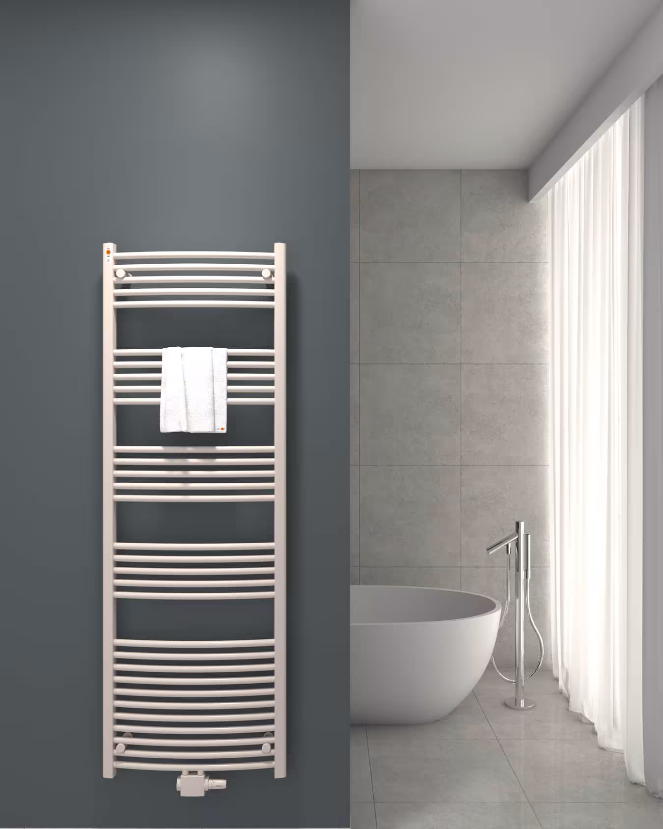 MERT badkamerradiator wit gebogen, 400*1000 mm, middenaansluiting uit de categorie badkamerradiator met de GTIN 4260289850482 Badkamerradiator gebogen wit, middenaansluiting van MERT uit de categorie badkamerradiator