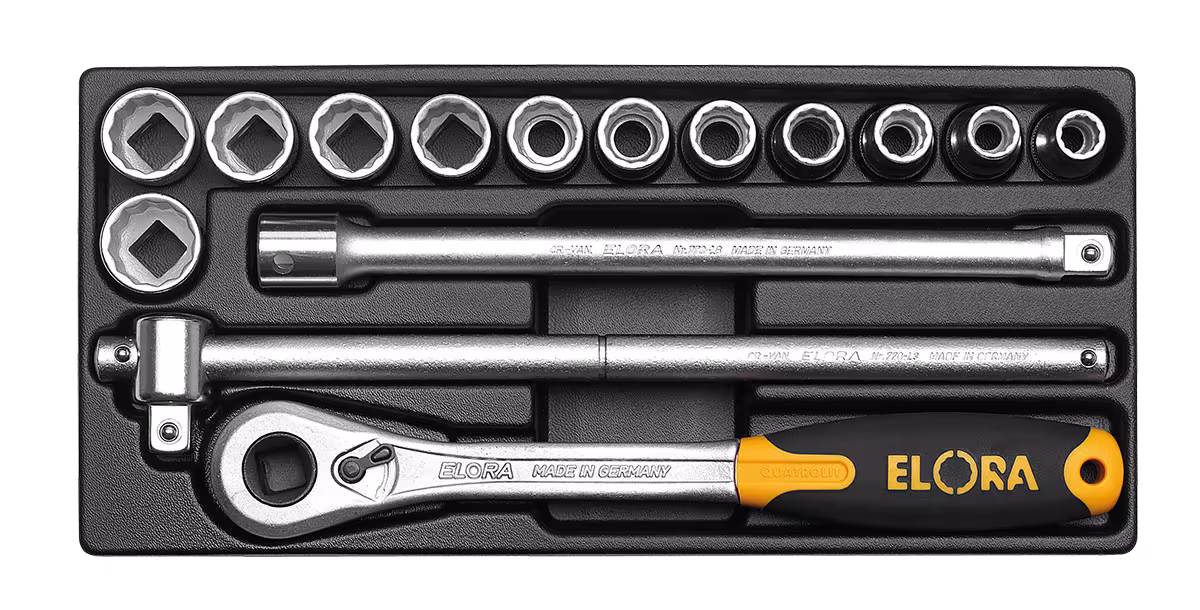 Dopsleutelset 1/2", 6-kant, 15-delig MS-12 van ELORA Dopsleutelset 1/2", 15-delig, ELORA-MS-11/12 uit de categorie organisatiesystemen & werkplaatswagens met artikelnr. 0000512001000