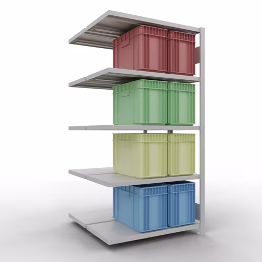 Aanbouwrekken, dubbele rekken, stellingsysteem MULTIplus250, 2000 x 1000 x (2x500) mm (HxBxD), 2x5 planken, lengtestangen, RAL 7035 lichtgrijs met de GTIN 4004514270139 Aanbouwrekken, dubbele rekken, rekkensysteem MULTIplus250, 2000 x 1000 x (2x500) mm, 2x5 planken, lengtestangen, RAL 7035 lichtgrijs van Schulte Lagertechnik met het artikelnr. 33255