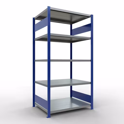 Basisplank, legplank, insteeksysteem MULTIplus250, 2000 x 1000 x 800 mm (HxBxD), 5 legborden, lengtestangen, RAL 5010 gentiaanblauw/verzinkt, basisplank, art.nr. 12980-LR-B