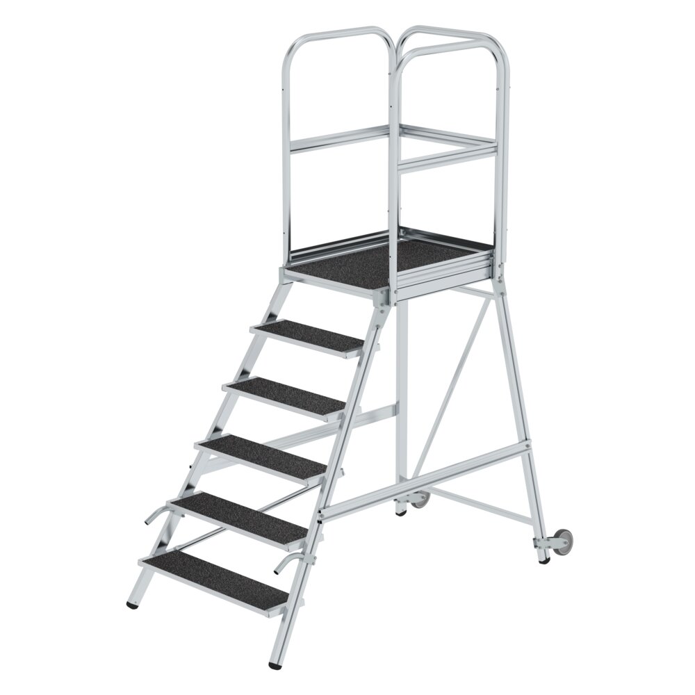 Munk platformtrap, toegankelijk vanaf één zijde, met wielen en handgrepen, korundcoating, R13, 6 treden, van Günzburger Steigtechnik Munk platformtrap, toegankelijk vanaf één zijde, met wielen en handgrepen, korundcoating R13, uit de categorie "Platformtrappen" met artikelnummer 055106