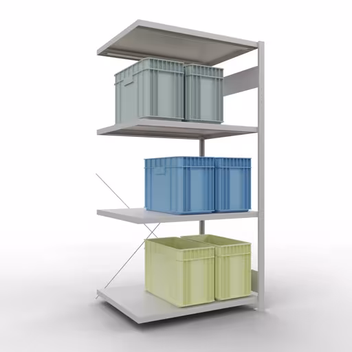 Productafbeelding nr. 12 van het artikel Aanbouwrekken, legbordstellingen, insteeksysteem MULTIplus330, 2000 x 1000 x 800 mm, 5 legborden, kruisschoor, RAL 7035 lichtgrijs Figuur nr. 12 van het artikel aanbouwrekken, legbordstellingen, insteeksysteem MULTIplus330, 2000 x 1000 x 800 mm, 5 legborden, kruisschoor, RAL 7035 lichtgrijs uit de productgroep insteeksysteem van Schulte Lagertechnik