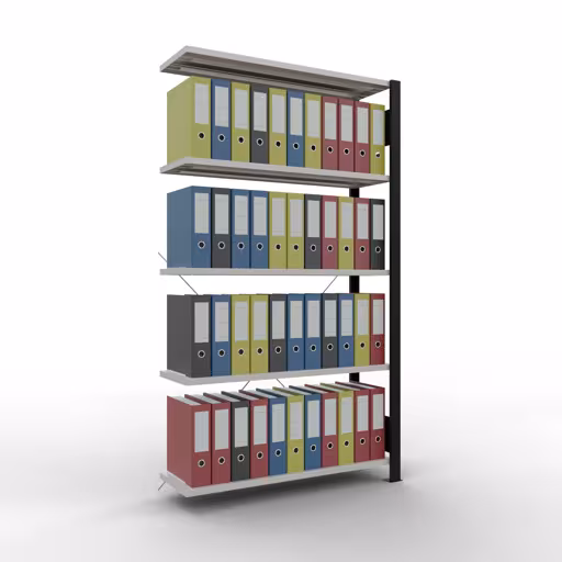 Aanbouwrekken, kantoorrekken, insteeksysteem MULTIplus85, 1800 x 1000 x 300 mm, 5 planken, dwarsschoor, zonder aanslaglijst, zwart/lichtgrijs van Schulte Lagertechnik met artikelnr. 36022-S