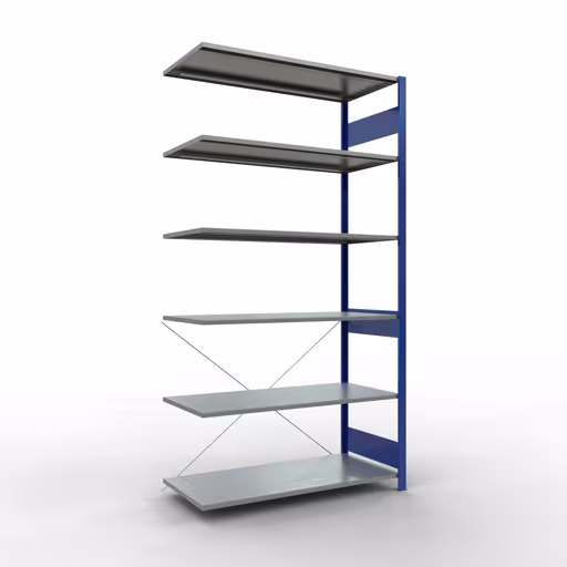 Aanbouwrekken, rekken, insteeksysteem MULTIplus150, 2500 x 1300 x 600 mm (HxBxD), 6 planken, kruisschoor, RAL 5010 gentiaanblauw/gegalvaniseerd van Schulte Lagertechnik Aanbouwrekken, legbordstellingen, insteeksysteem MULTIplus150, 2500 x 1300 x 600 mm (HxBxD), 6 legborden, kruisschoor, RAL 5010 gentiaanblauw/verzinkt, aanbouwplank, art.nr. 12766-130-B