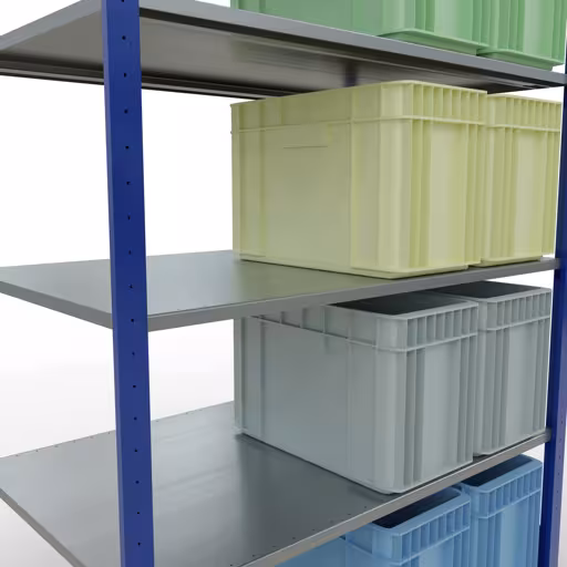 Basisplank, legplank, insteeksysteem MULTIplus150, 2000 x 1300 x 800 mm (HxBxD), 5 legborden, lengtestangen, RAL 5010 gentiaanblauw/verzinkt met de GTIN 4004514281258 Basisplank, legplank, insteeksysteem MULTIplus150, 2000 x 1300 x 800 mm, 5 legborden, lengtestangen, RAL 5010 gentiaanblauw/verzinkt van Schulte Lagertechnik met het artikelnr. 12780-130-LR-B