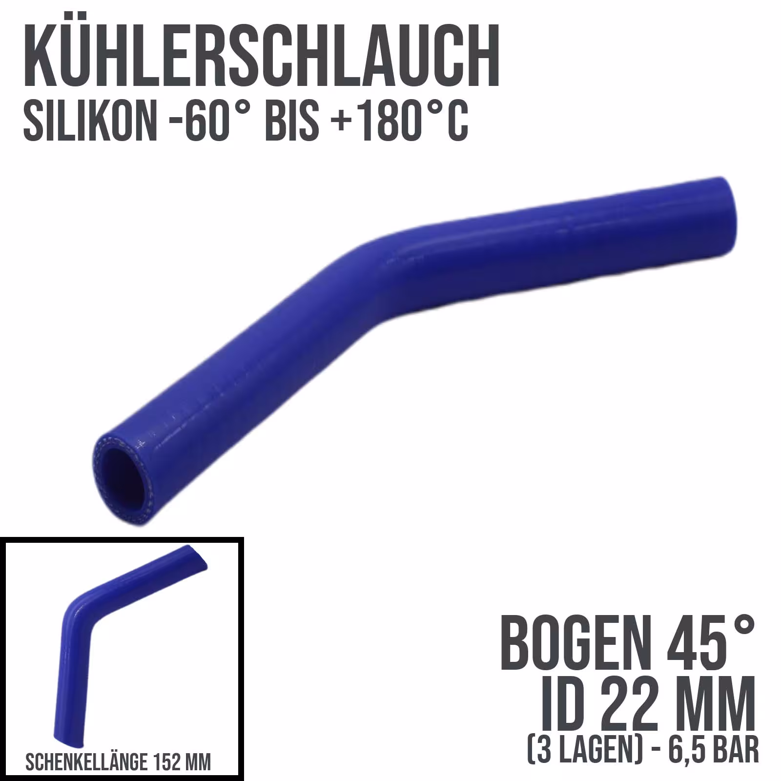 22 x 30 mm radiateurslang siliconen bocht 45° LLK inlaatlucht koelvloeistofslang blauw (6,5 bar) - 152 mm uit de categorie koelvloeistofslangen met artikelnummer KSB022-045-152GA