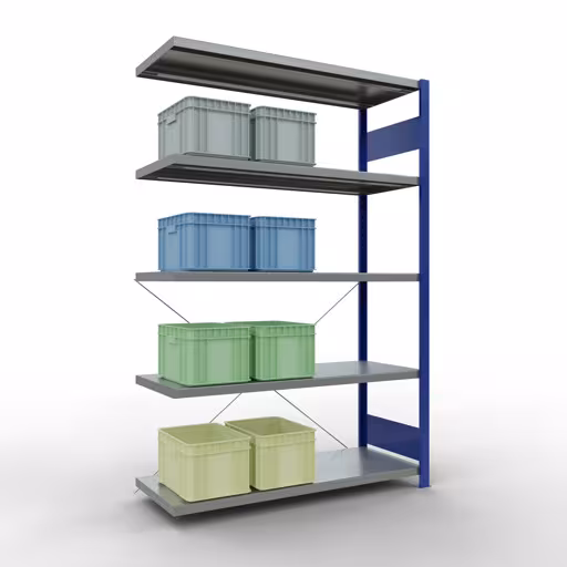 Productafbeelding nr. 14 van het artikel Aanbouwrekken, legbordstellingen, insteeksysteem MULTIplus250, 2000x1300x500 mm (HxBxD), 5 legborden, kruisschoor, RAL 5010 gentiaanblauw/verzinkt Afbeelding nr. 14 van het artikel aanbouwrekken, legbordstellingen, insteeksysteem MULTIplus250, 2000 x 1300 x 500 mm, 5 legborden, kruisschoor, RAL 5010 gentiaanblauw/verzinkt uit de productgroep insteeksysteem van Schulte Lagertechnik.