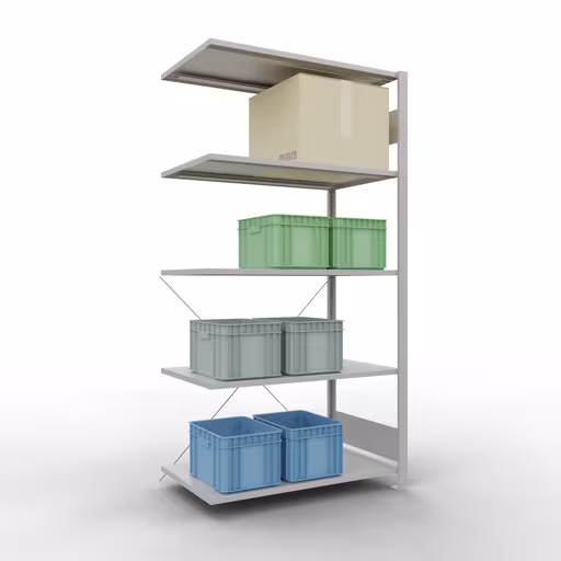 Productafbeelding nr. 14 van het artikel Aanbouwrekken, legbordstellingen, insteeksysteem MULTIplus85, 2000 x 1000 x 600 mm (HxBxD), 5 legborden, kruisschoor, RAL 7035 lichtgrijs Afbeelding nr. 14 van het artikel aanbouwrekken, stellingrekken, insteeksysteem MULTIplus85, 2000 x 1000 x 600 mm, 5 legborden, RAL 7035 lichtgrijs uit de productgroep insteeksysteem van het merk Schulte Lagertechnik