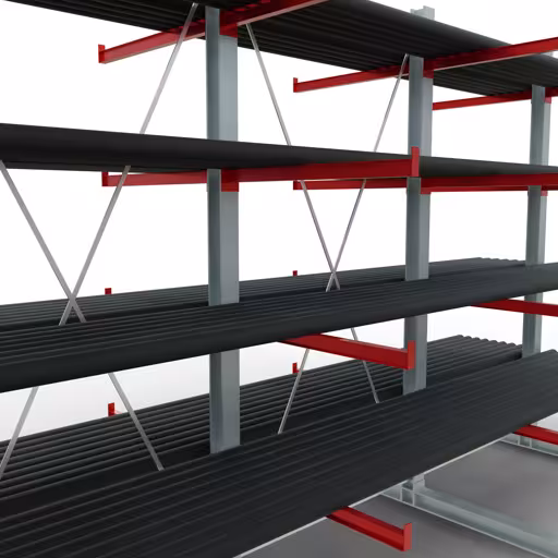 Productafbeelding nr. 11 van artikel K 6000 compleet legbord, dubbelzijdig, 3000 x 4500 x 2x 1000 mm, RAL 7001 / RAL 3000, 5 opslagniveaus Afbeelding nr. 11 van het artikel K 6000 complete stelling, dubbelzijdig, 3000 x 4500 x 2x 1000 mm, RAL 7001 / RAL 3000, 5 opslagniveaus uit de productgroep draagarmstellingen van Schulte Lagertechnik