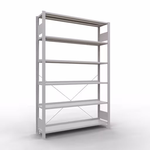 Basisplank, kantoorrek, insteeksysteem MULTIplus85, 2000 x 1300 x 300 mm (HxBxD), 6 planken, dwarsschoor, met stoplijst, lichtgrijs, insteeksysteem, art.nr. 36008