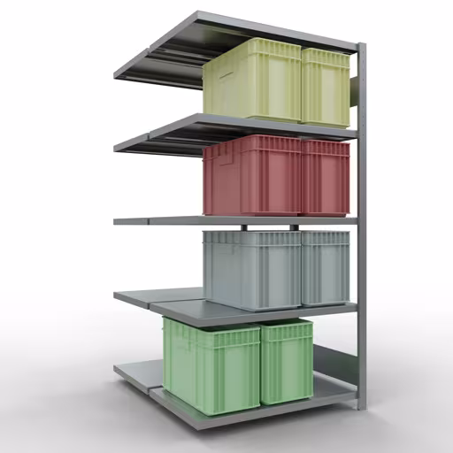 Aanbouwstelling, dubbele stelling, stellingsysteem MULTIplus250, 2000 x 1000 x (2x600) mm (HxBxD), 2x5 legborden, lengtestangen, verzinkt met artikelnr. 17965 Aanbouwrekken, dubbele rekken, rekkensysteem MULTIplus250, 2000 x 1000 x (2x600) mm, 2x5 planken, lengtestangen, verzinkt van Schulte Lagertechnik uit de categorie rekken