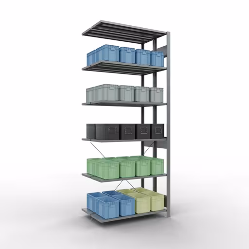 Afbeelding nr. 15 van het artikel aanbouwstelling, dubbele stelling, stellingstelling insteeksysteem MULTIplus150, 2500 x 1000 x (2x300) mm, 2x6 legborden, kruisschoor, verzinkt uit de productgroep stellingstelling van Schulte Lagertechnik