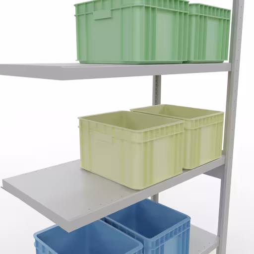 Andere weergave van het artikel Aanbouwplank, legbord, insteeksysteem MULTIplus250, 2500 x 1000 x 500 mm, 6 legborden, kruisschoor, RAL 7035 lichtgrijs uit de categorie insteeksysteem