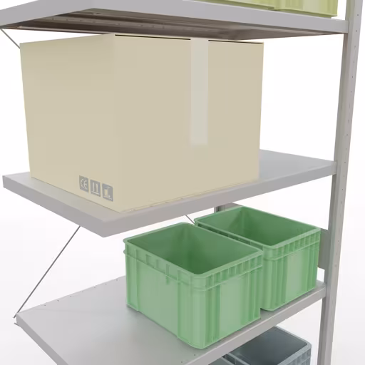 Extra afbeelding van het artikel Aanbouwstelling, stellingkast MULTIplus330 insteeksysteem, 3000 x 1000 x 600 mm (HxBxD), 7 legborden, kruisschoor, RAL 7035 lichtgrijs van aanbouwplank