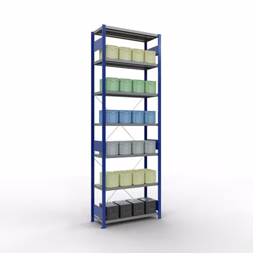Basisplank, legbord, insteeksysteem MULTIplus250, 3000 x 1000 x 400 mm, 7 legborden, kruisschoor, RAL 5010 gentiaanblauw/verzinkt met GTIN 4004514282712 Basisplank, legbord, insteeksysteem MULTIplus250, 3000 x 1000 x 400 mm, 7 legborden, kruisschoor, RAL 5010 gentiaanblauw/verzinkt van Schulte Lagertechnik met het artikelnr. 12942-B