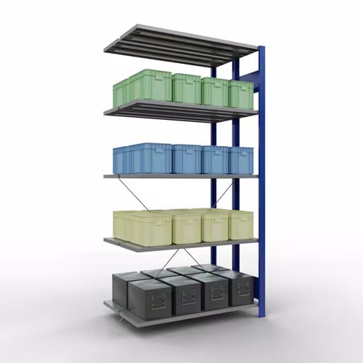 Extra afbeelding van het artikel Aanbouwplank, dubbele plank, legplank-insteeksysteem MULTIplus150, 2000 x 1000 x (2x300) mm, 2x5 legborden, RAL 5010 gentiaanblauw uit dubbele legborden