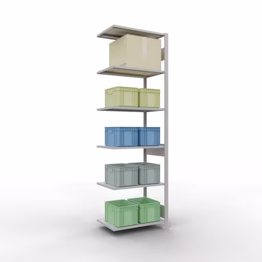 Aanbouwrekken, legbordstellingen, insteeksysteem MULTIplus150, 2500 x 750 x 500 mm, 6 legborden, lengtestangen, RAL 7035 lichtgrijs van Schulte Lagertechnik met artikelnr. 32656-75-LR