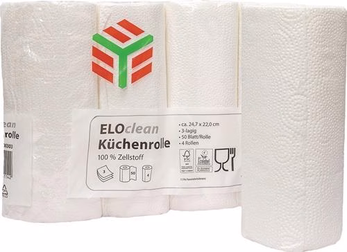 ELOclean Plus keukenrol, circa 11 m lang x 220 mm breed, helderwit, 3-laags, 4 rollen, ELOS, uit de categorie schoonmaak- en poetsdoeken, handdoeken, handdoekrollen, artikelnummer 9000469249