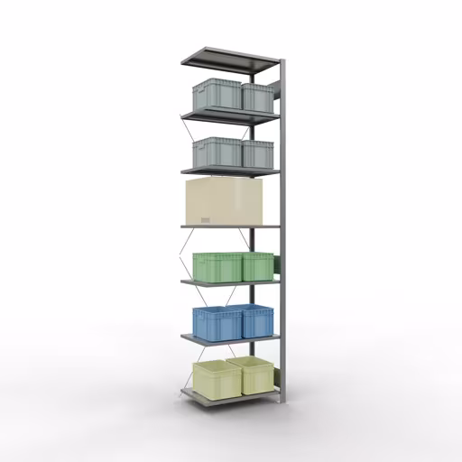 Aanbouwrekken, rekken, insteeksysteem MULTIplus150, 3000 x 750 x 500 mm (HxBxD), 7 legborden, kruisschoor, verzinkt met GTIN 4004514205025 Aanbouwrekken, legbordstellingen, insteeksysteem MULTIplus150, 3000 x 750 x 500 mm, 7 legborden, kruisschoor, verzinkt van Schulte Lagertechnik met artikelnr. 12757-75