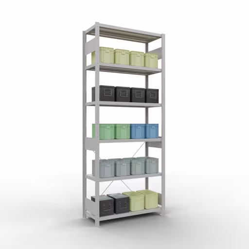 Productafbeelding nr. 13 van het artikel basisplank, plankplank, insteeksysteem MULTIplus330, 2500 x 1000 x 400 mm, 6 planken, kruisschoor, RAL 7035 lichtgrijs Figuur nr. 13 van het artikel basisplank, legbord, insteeksysteem MULTIplus330, 2500 x 1000 x 400 mm, 6 legborden, kruisschoor, RAL 7035 lichtgrijs uit de productgroep insteeksysteem van Schulte Lagertechnik.