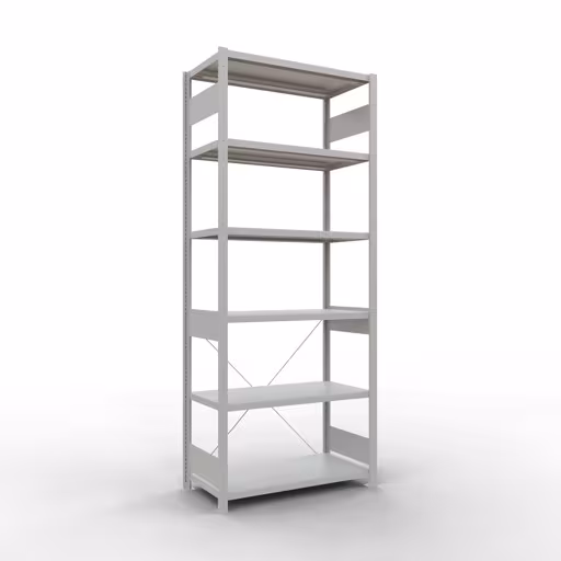 Basisplank, legbord, insteeksysteem MULTIplus250, 2500 x 1000 x 500 mm (HxBxD), 6 legborden, kruisschoor, RAL 7035 lichtgrijs, basisplank, art.nr. 32851
