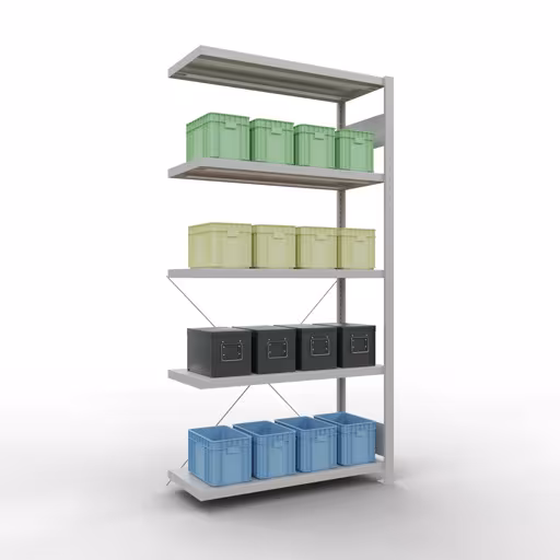 Productafbeelding nr. 12 van het artikel Aanbouwrekken, legbordstellingen, insteeksysteem MULTIplus330, 2000 x 1000 x 400 mm, 5 legborden, kruisschoor, RAL 7035 lichtgrijs Figuur nr. 12 van het artikel aanbouwrekken, legbordstellingen, insteeksysteem MULTIplus330, 2000 x 1000 x 400 mm, 5 legborden, kruisschoor, RAL 7035 lichtgrijs uit de insteeksysteem productgroep van Schulte Lagertechnik