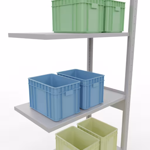 Aanbouwrekken, legbordstellingen, insteeksysteem MULTIplus150, 2500 x 750 x 400 mm, 6 legborden, lengtestangen, RAL 7035 lichtgrijs van Schulte Lagertechnik met artikelnr. 32646-75-LR