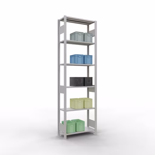 Basisplank, legplank, insteeksysteem MULTIplus150, 2500 x 750 x 300 mm (HxBxD), 6 legborden, lengtestangen, RAL 7035 lichtgrijs uit de categorie basisplanken met de GTIN 4004514292568 Basisplank, legplank, insteeksysteem MULTIplus150, 2500 x 750 x 300 mm, 6 legborden, lengtestangen, RAL 7035 lichtgrijs van Schulte Lagertechnik uit het assortiment insteeksysteem