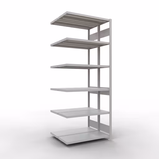 Aanbouwrekken, dubbele rekken, stellingsysteem MULTIplus250, 2500 x 1000 x (2x400) mm (HxBxD), 2x6 planken, lengtestangen, RAL 7035 lichtgrijs, dubbele planken, art.nr. 33246