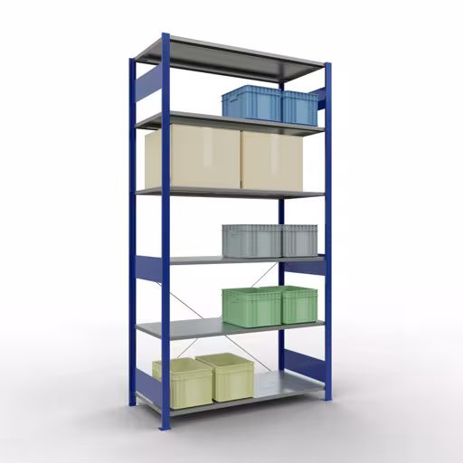 Basisstelling, legbordstelling, insteeksysteem MULTIplus150, 2500 x 1300 x 600 mm (HxBxD), 6 legborden, kruisschoor, RAL 5010 gentiaanblauw/verzinkt met de GTIN 4004514243263 Basisplank, legbord, insteeksysteem MULTIplus150, 2500 x 1300 x 600 mm, 6 legborden, RAL 5010 gentiaanblauw/verzinkt van Schulte Lagertechnik met het artikelnr. 12761-130-B