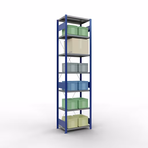 Basisplank, legplank, insteeksysteem MULTIplus250, 3000 x 750 x 500 mm (HxBxD), 7 legborden, kruisschoor, RAL 5010 gentiaanblauw/verzinkt/verzinkt uit de categorie basisplanken met de GTIN 4004514283177 Basisplank, legplank, insteeksysteem MULTIplus250, 3000 x 750 x 500 mm, 7 legborden, kruisschoor, RAL 5010 gentiaanblauw/verzinkt/verzinkt van Schulte Lagertechnik uit het plug-in systeem-assortiment