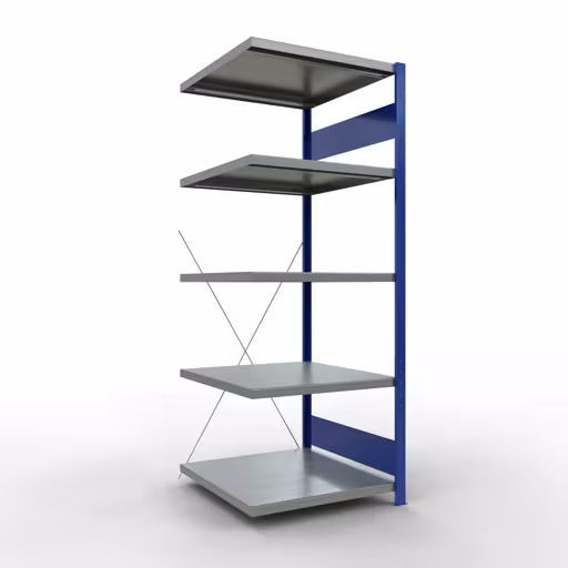 Aanbouwrekken, legbordstellingen, insteeksysteem MULTIplus250, 2000 x 750 x 800 mm (HxBxD), 5 legborden, kruisschoor, RAL 5010 gentiaanblauw/verzinkt/verzinkt, aanbouwplank, art.nr. 12985-75-B