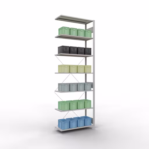 Aanbouwrekken, rekken, insteeksysteem MULTIplus150, 3000 x 1000 x 400 mm, 7 legborden, kruisschoor, RAL 7035 lichtgrijs van Schulte Lagertechnik uit het assortiment insteeksysteem
