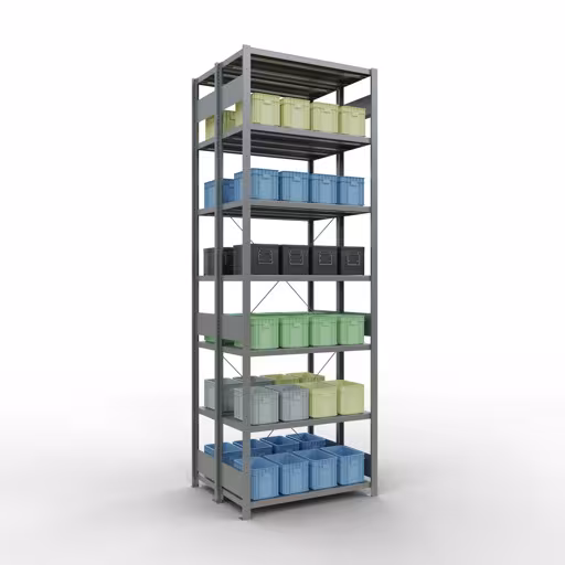 Basisplank, dubbele plank, legplank-insteeksysteem MULTIplus250, 3000 x 1000 x (2x400) mm, 2x7 legborden, kruisschoor, verzinkt met art.nr. 14242-G Basisplank, dubbele plank, rekkensysteem MULTIplus250, 3000 x 1000 x (2x400) mm, 2x7 planken, kruisschoor, gegalvaniseerd van Schulte Lagertechnik uit de categorie rekken