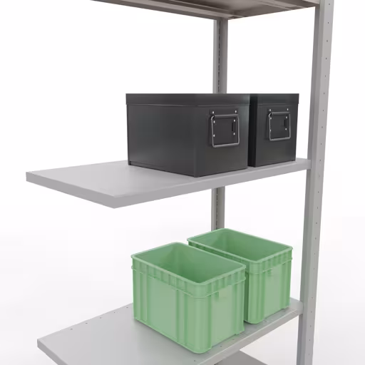 Aanbouwrekken, legbordstellingen, insteeksysteem MULTIplus150, 2000 x 750 x 400 mm, 5 legborden, lengtestangen, RAL 7035 lichtgrijs van Schulte Lagertechnik met artikelnr. 32645-75-LR