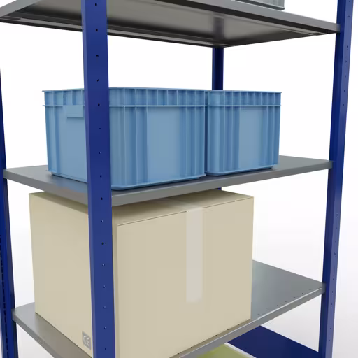 Basisplank, legplank, insteeksysteem MULTIplus150, 2000 x 1000 x 600 mm, 5 legborden, lengtestangen, RAL 5010 gentiaanblauw/verzinkt uit de categorie basisplanken met de GTIN 4004514280886 Basisplank, legbord, insteeksysteem MULTIplus150, 2000 x 1000 x 600 mm, 5 legborden, lengtestangen, RAL 5010 gentiaanblauw/gegalvaniseerd van het merk Schulte Lagertechnik uit het plug-in systeem-assortiment