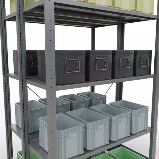 Productafbeelding nr. 15 van artikel Basisplank, dubbele plank, legplank-insteeksysteem MULTIplus150, 2000 x 1000 x (2x400) mm (HxBxD), 2x5 legborden, kruisschoor, verzinkt Afbeelding nr. 15 van het artikel basisrek, dubbel legbord, legbordinsteeksysteem MULTIplus150, 2000 x 1000 x (2x400) mm, 2x5 legborden, kruisschoor, verzinkt uit de productgroep legbordstellingen van Schulte Lagertechnik