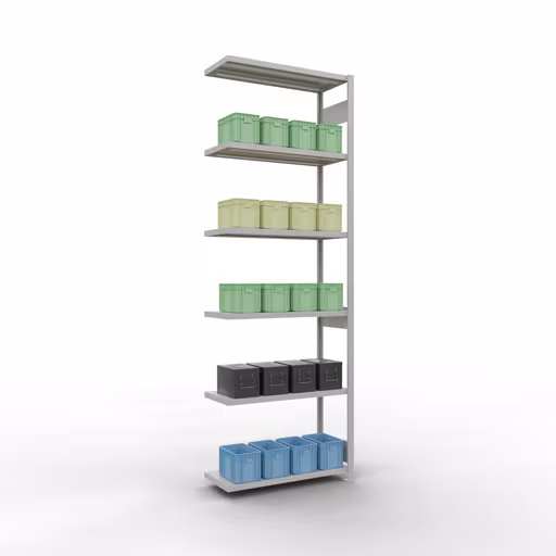 Productafbeelding nr. 15 van het artikel Aanbouwrekken, legbordstellingen, insteeksysteem MULTIplus250, 3000 x 1000 x 400 mm (HxBxD), 7 legborden, lengtestangen, RAL 7035 lichtgrijs Afbeelding nr. 15 van het artikel aanbouwrekken, legbordstellingen, insteeksysteem MULTIplus250, 3000 x 1000 x 400 mm, 7 legborden, lengtestangen, RAL 7035 lichtgrijs uit de productgroep insteeksysteem van Schulte Lagertechnik