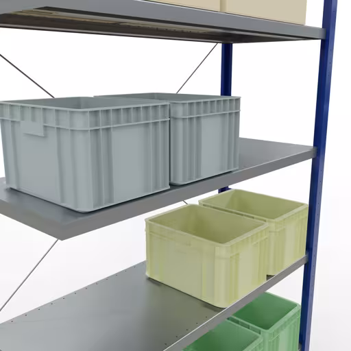 Productafbeelding nr. 13 van het artikel Aanbouwrekken, legbordstellingen, insteeksysteem MULTIplus250, 3000 x 1300 x 500 mm (HxBxD), 7 legborden, kruisschoor, RAL 5010 gentiaanblauw/verzinkt Afbeelding nr. 13 van het artikel aanbouwrekken, legbordstellingen, insteeksysteem MULTIplus250, 3000 x 1300 x 500 mm, 7 legborden, kruisschoor, RAL 5010 gentiaanblauw/verzinkt uit de productgroep insteeksysteem van Schulte Lagertechnik.