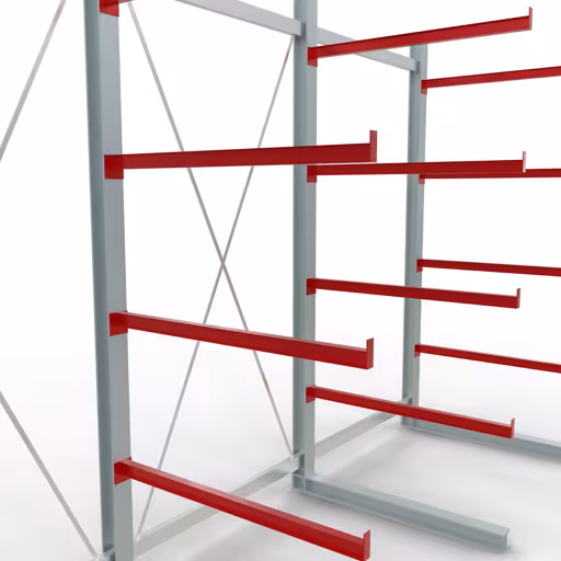 Productafbeelding nr. 11 van artikel K 6000 compleet legbord, eenzijdig, 3000 x 4500 x 1250 mm, RAL 7001 / RAL 3000, 5 opslagniveaus Afbeelding nr. 11 van artikel K 6000 complete stelling, eenzijdig, 3000 x 4500 x 1250 mm, RAL 7001 / RAL 3000, 5 opslagniveaus uit de productgroep draagarmstellingen van Schulte Lagertechnik