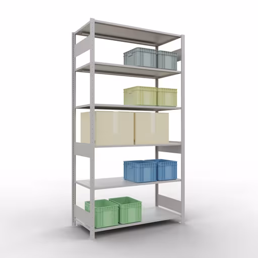 Extra afbeelding van het artikel Basisplank, legplank, insteeksysteem MULTIplus150, 2500 x 1300 x 600 mm, 6 legborden, lengtestangen, RAL 7035 lichtgrijs van basisplank