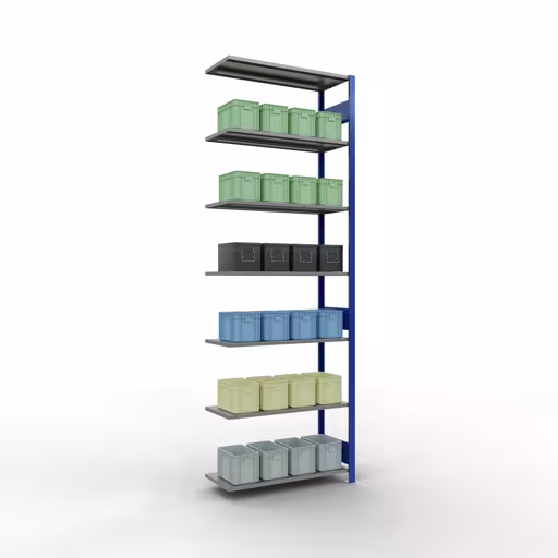 Productafbeelding nr. 13 van het artikel Aanbouwrekken, legbordstellingen, insteeksysteem MULTIplus85, 3000 x 1000 x 400 mm (HxBxD), 7 legborden, lengtestangen, RAL 5010 gentiaanblauw Figuur nr. 13 van het artikel aanbouwrekken, legbordstellingen, insteeksysteem MULTIplus85, 3000 x 1000 x 400 mm, 7 legborden, RAL 5010 gentiaanblauw uit de productgroep insteeksysteem van het merk Schulte Lagertechnik.