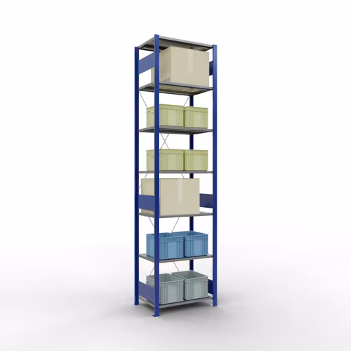 Basisplank, legbord, insteeksysteem MULTIplus150, 3000 x 750 x 500 mm, 7 legborden, kruisschoor, RAL 5010 gentiaanblauw/verzinkt/verzinkt met het artikelnr. 12752-75-B Basisplank, legbord, insteeksysteem MULTIplus150, 3000 x 750 x 500 mm, 7 legborden, kruisschoor, RAL 5010 gentiaanblauw/verzinkt/verzinkt van Schulte Lagertechnik uit de categorie insteeksystemen